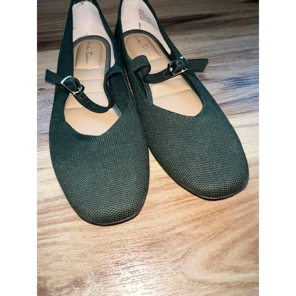 Me Too Serenity Flats Wm 11M Green Knit Mary Jane Buckle Strap Shoes Minimalist